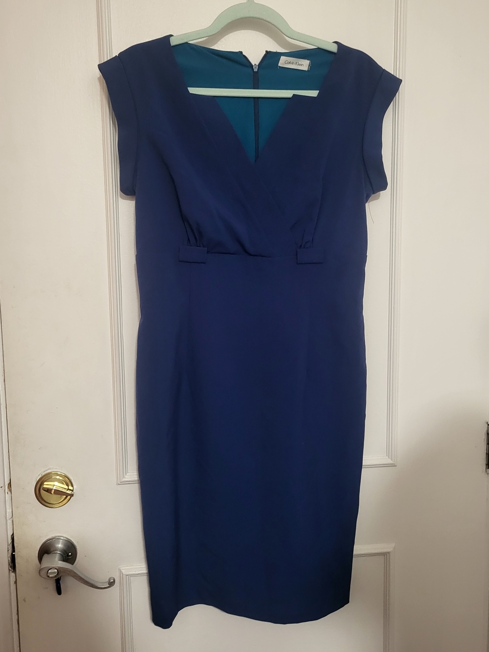 Calvin Klein Blue Scuba Crepe V-Neck Faux Wrap Sheath Dress - Size 8